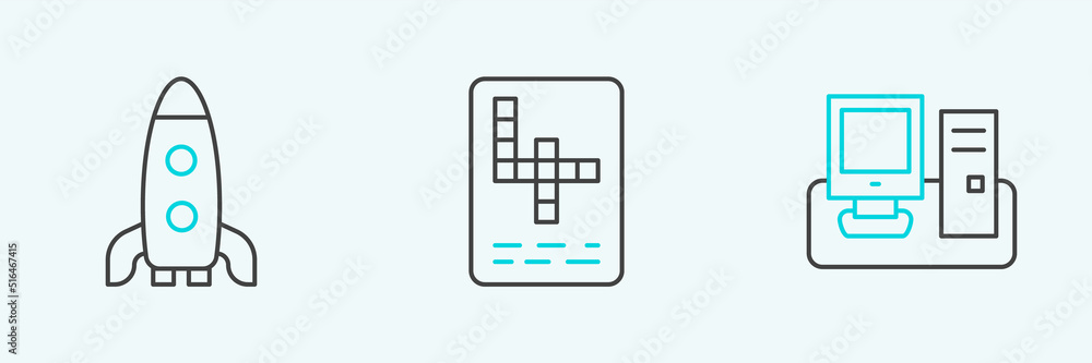 Set line Monitor with keyboard, Rocket ship and Crossword icon. Vector Set line Monitor with keyboard, Rocket ship and Crossword icon. Vector