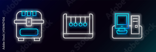 Set line Monitor with keyboard, Antique treasure chest and Pendulum icon. Glowing neon. Vector