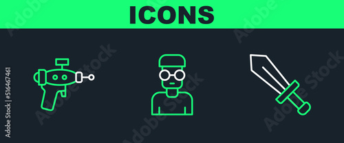 Set line Sword for game, Ray gun and Nerd geek icon. Vector