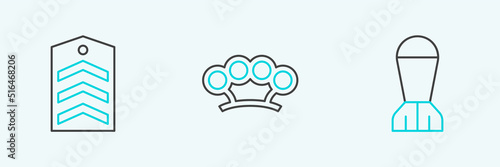 Set line Aviation bomb, Chevron and Brass knuckles icon. Vector
