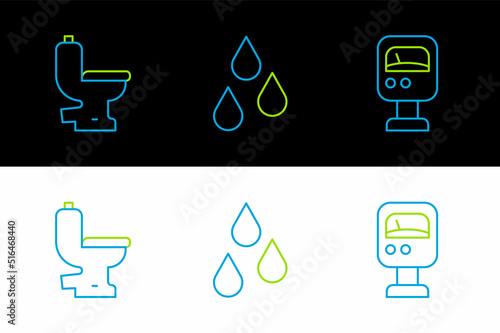 Set line Pressure water meter, Toilet bowl and Water drop icon. Vector