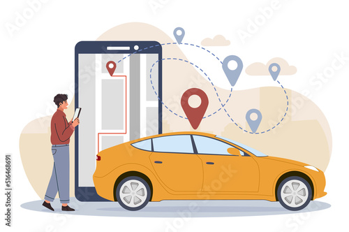 Man renting car. Young guy with smartphone in his hands pays rent. Character on street builds route on application map. Modern service and public paid transport. Cartoon flat vector illustration