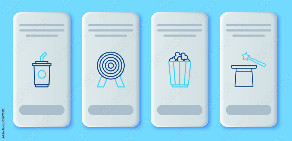 Set line Target, Popcorn in box, Paper glass with water and Magic hat and wand icon. Vector