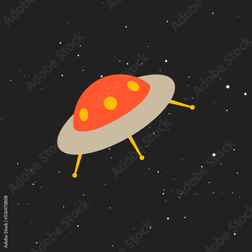 UFO, flying saucer, alien spacecraft hovering in the black sky among the stars. Flat vector illustration.