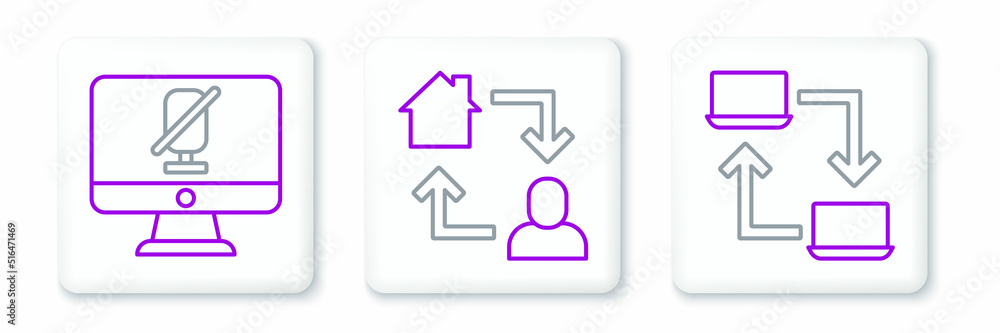 Set line Online working, Mute microphone on computer and icon. Vector Set line Online working, Mute microphone on computer and icon. Vector
