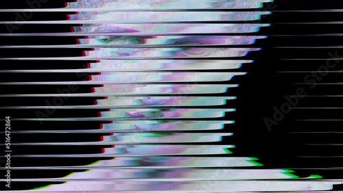 antique statue vhs glitch effect, analog tv scroll bar, trendy retro glitch effect sculpture
