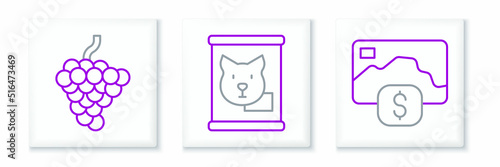 Set line Credit card, Grape fruit and Canned food icon. Vector
