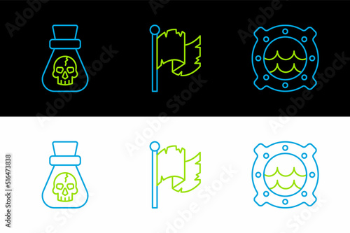 Set line Ship porthole with seascape, Pirate coin and flag icon. Vector