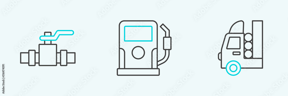 Set line Gas tank for vehicle, Metallic pipes and valve and Petrol gas station icon. Vector Set line Gas tank for vehicle, Metallic pipes and valve and Petrol gas station icon. Vector