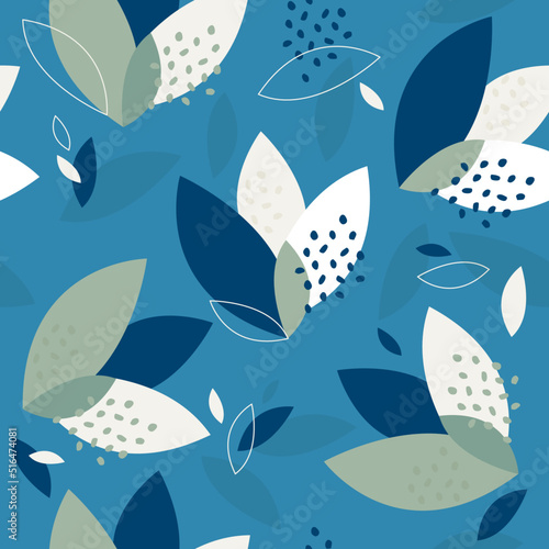 Print for swimwear, bikinis, bathing suits, summer and swimming pool. Blue foliage, for the beach, seamless vector pattern, tropical colors, beautiful organic shapes. Nautical illustration for fabrics