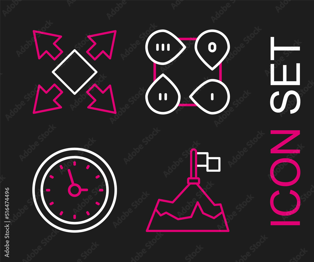 Set line Mountains with flag, Clock, Infographic element and Many ways directional arrow icon. Vector Set line Mountains with flag, Clock, Infographic element and Many ways directional arrow icon. Vector