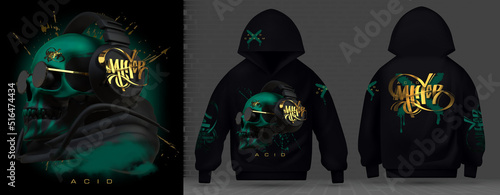 Modern luxury collection of acid print. Matte black and gold skull with glasses techno style, rave music neon 3d realistic.Technology future plaster heads.Front and back design. Graffiti hoodie photo