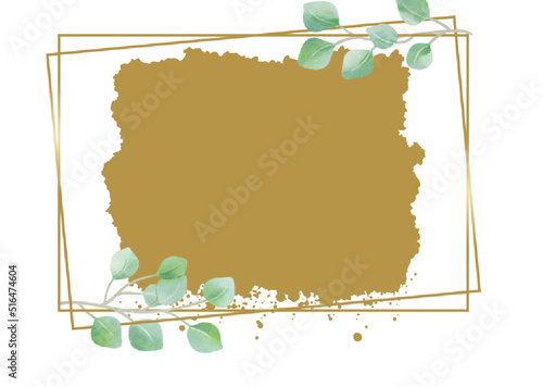 invitation or card, golden with foliage frame on white background