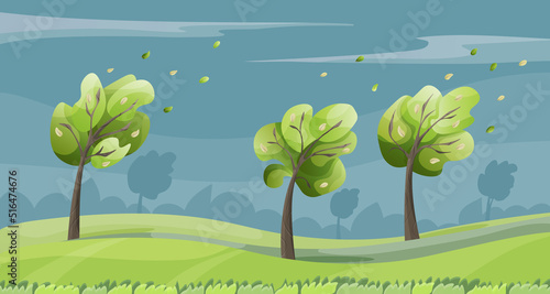 Trees during the windstorm. Green trees with falling leaves in the park at blowing wind. Landscape cartoon vector illustration.