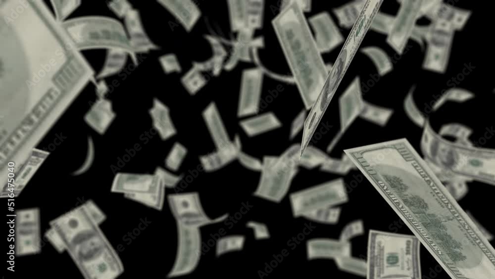 Falling Dollar bills banknotes falling rain isolated transparent on black screen background. Falling Dollar bills banknotes falling rain isolated transparent on black screen background.
