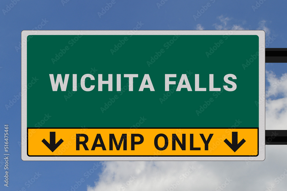 Wichita Falls logo. Wichita Falls lettering on a road sign. Signpost at entrance to Wichita Falls, USA. Green pointer in American style. Road sign in the United States of America. Sky in background Wichita Falls logo. Wichita Falls lettering on a road sign. Signpost at entrance to Wichita Falls, USA. Green pointer in American style. Road sign in the United States of America. Sky in background