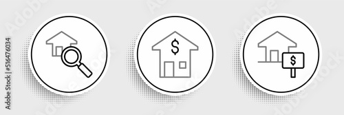 Set line House with dollar, Search house and icon. Vector