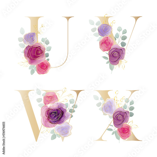 Floral Alphabet. Set letters with the botanical bouquet. Vector illustration.