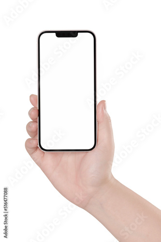  woman hand holding smartphone on white background.