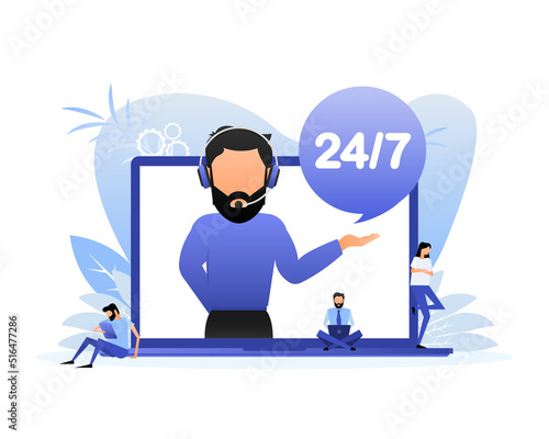 24 hour support people in flat style. Isometric business concept. Marketing concept. Flat design
