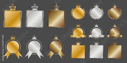Set of decorative emblem icons. Gold, silver and bronze frames collection. Round frames, Ribbon labels and award design elements. Vector illustration.