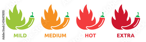 Hot chili peppers icon vector set. Level of spicy, mild, medium, hot and extra with fire flame symbol illustration.