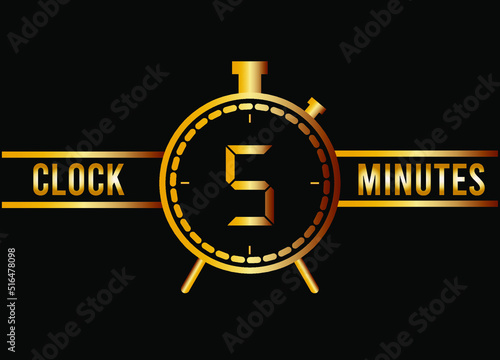 5 minutes clock gold isolated on black background. Watch, timer and countdown symbol.