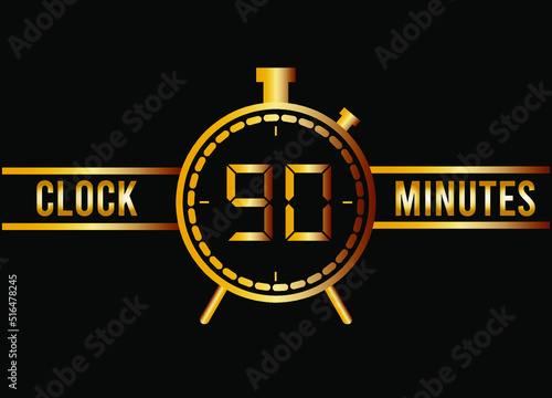 90 minutes clock gold isolated on black background. Watch, timer and countdown symbol.