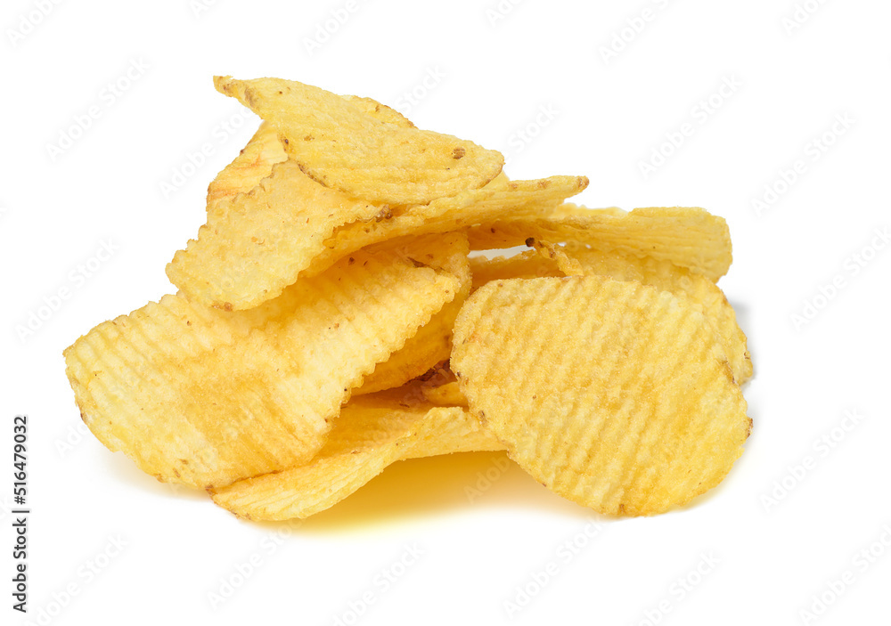 Fried potato chips with salt on a white plate. Fast food Fried potato chips with salt on a white plate. Fast food