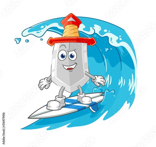 sword surfing character. cartoon mascot vector