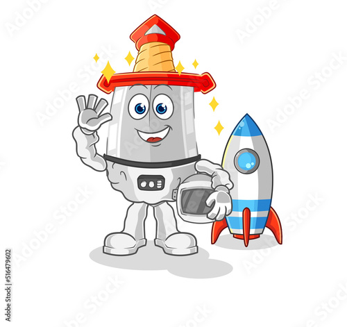sword astronaut waving character. cartoon mascot vector
