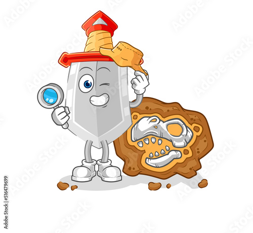 sword archaeologists with fossils mascot. cartoon vector