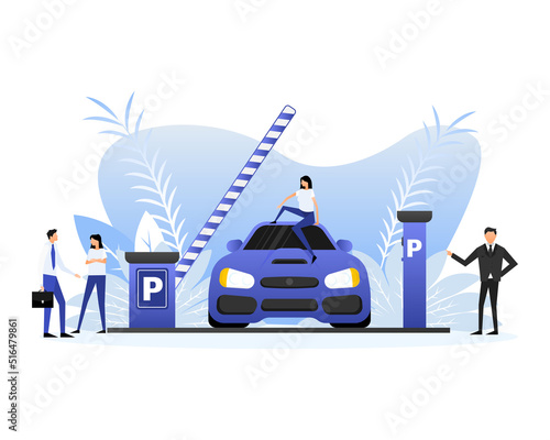 Flat style parking with car and people. Cartoon vector illustration