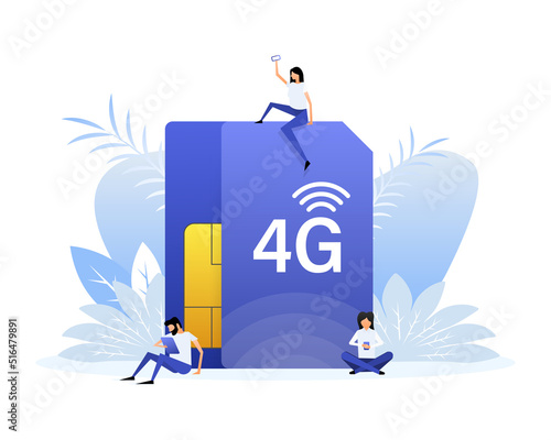4G Sim Card. 4G technology background. Flat style characters