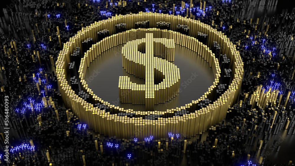 US dollar symbol in an abstract microstructure of black and gold blocks. 3d rendering image. Futuristic concept art.