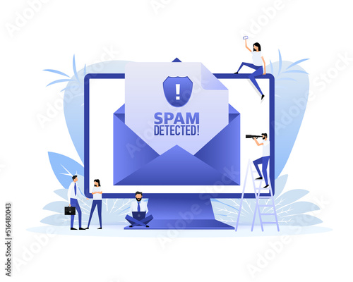 Spam detected people. Magnifying glass. Flat design