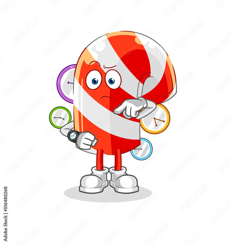 candy cane with wristwatch cartoon. cartoon mascot vector