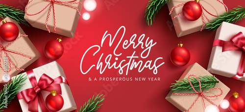 Christmas gifts vector background design. Merry christmas text with gift boxes, xmas balls and leaves elements in red background for holiday season. Vector illustration.
