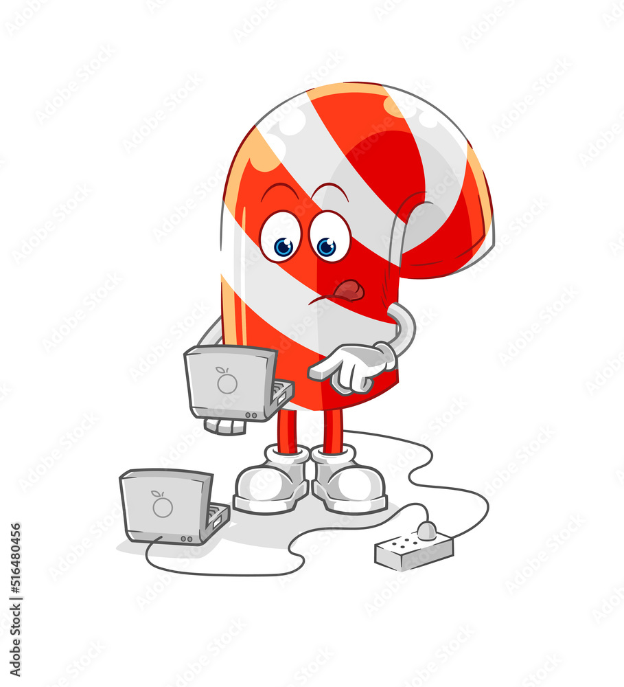 candy cane with laptop mascot. cartoon vector