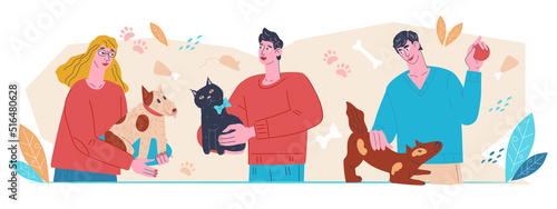 People loving and caring for domestic animals, pets and owners flat vector isolated on white.