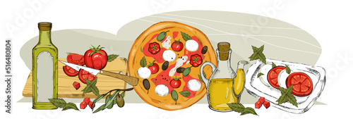 Composition with tomatoes and olives hand drawn vector illustration isolated.