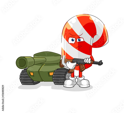candy cane soldier with tank character. cartoon mascot vector