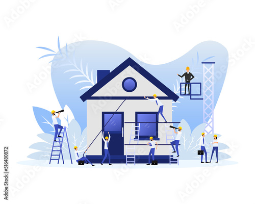 Flat icon with house construction people for site design. Vector line illustration