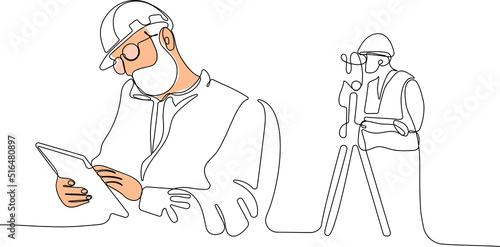 Close up of young Caucasian worker with helmet on head using tablet for work while standing in warehouse. Surveyor with a tripod icon. Geodesic tripod. Vector illustration