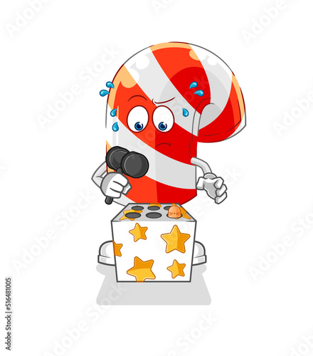 candy cane play whack a mole mascot. cartoon vector