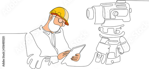 Close up of young Caucasian worker with helmet on head using tablet for work while standing in warehouse. Surveyor with a tripod icon. Geodesic tripod. Vector illustration