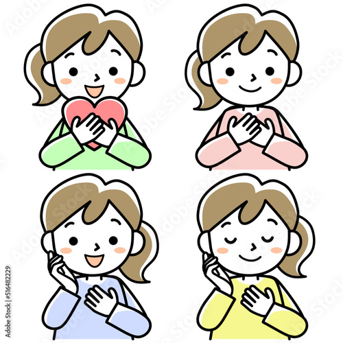 ほっこりしている若い女性の上半身セット