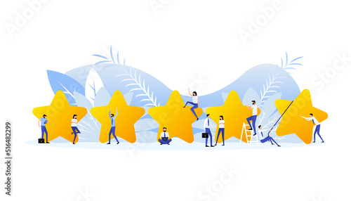 Customer review with gold star icon in laptop screen. People in flat style. Vector illustration