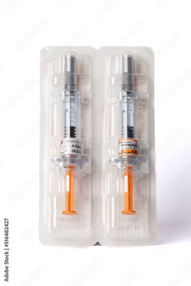 Davis, CA, July 9, 2022. Two Enoxaparin Injections against white