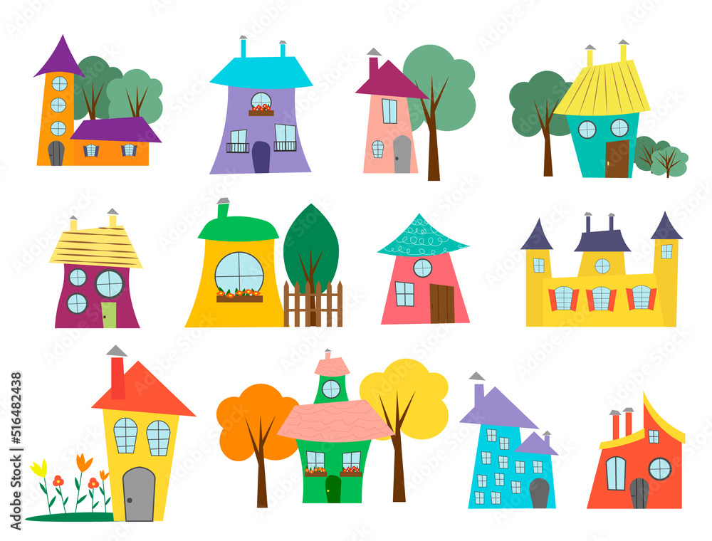 Collection of cartoon city houses with trees and garden. Vector illustration. For prints, fabrics, packaging, covers and brochures, advertising flyers, baby products. Collection of cartoon city houses with trees and garden. Vector illustration. For prints, fabrics, packaging, covers and brochures, advertising flyers, baby products.